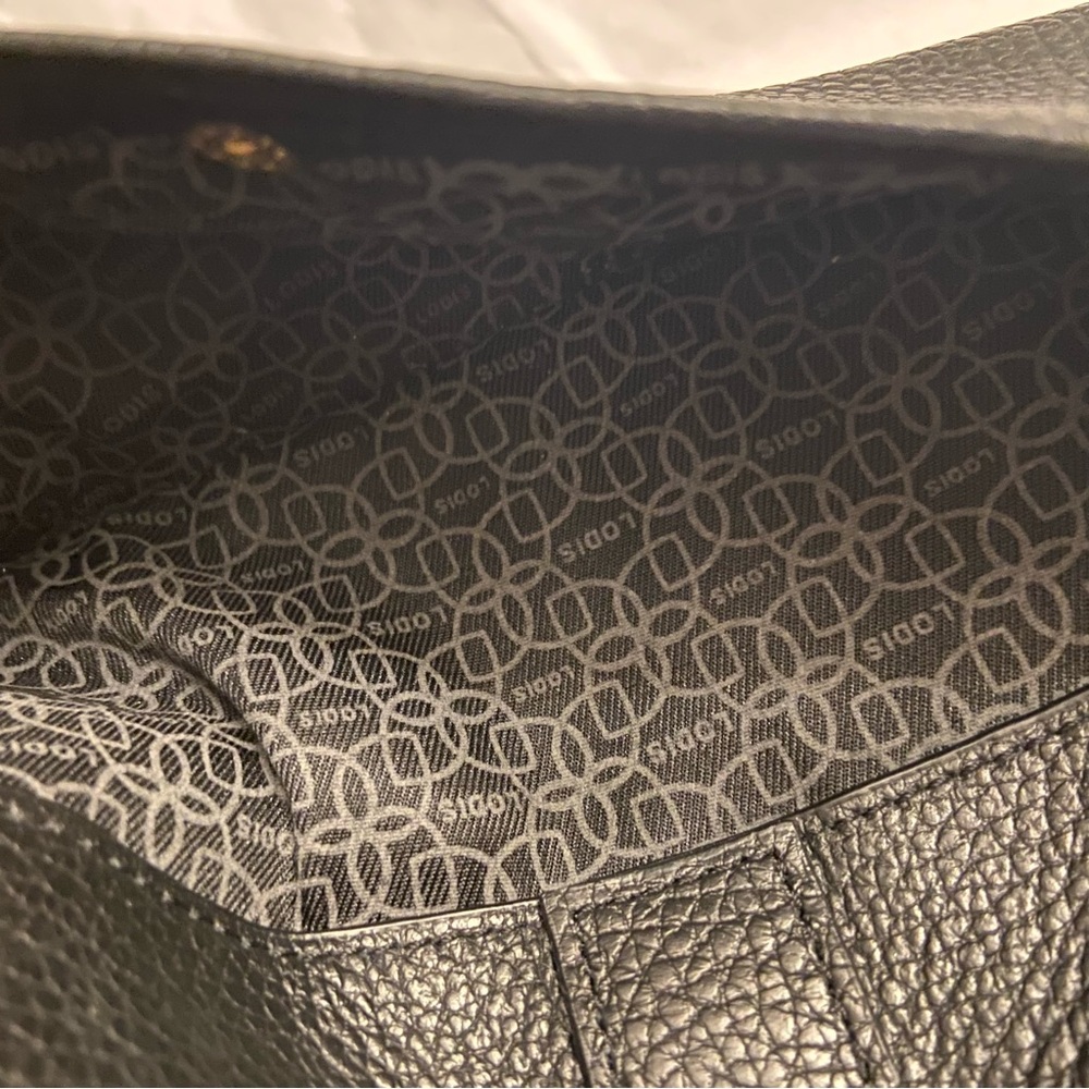 LODIS Logo Pebble Black Leather Zipper Wristlet Clutch with Gold Accents. - Picture 5 of 8